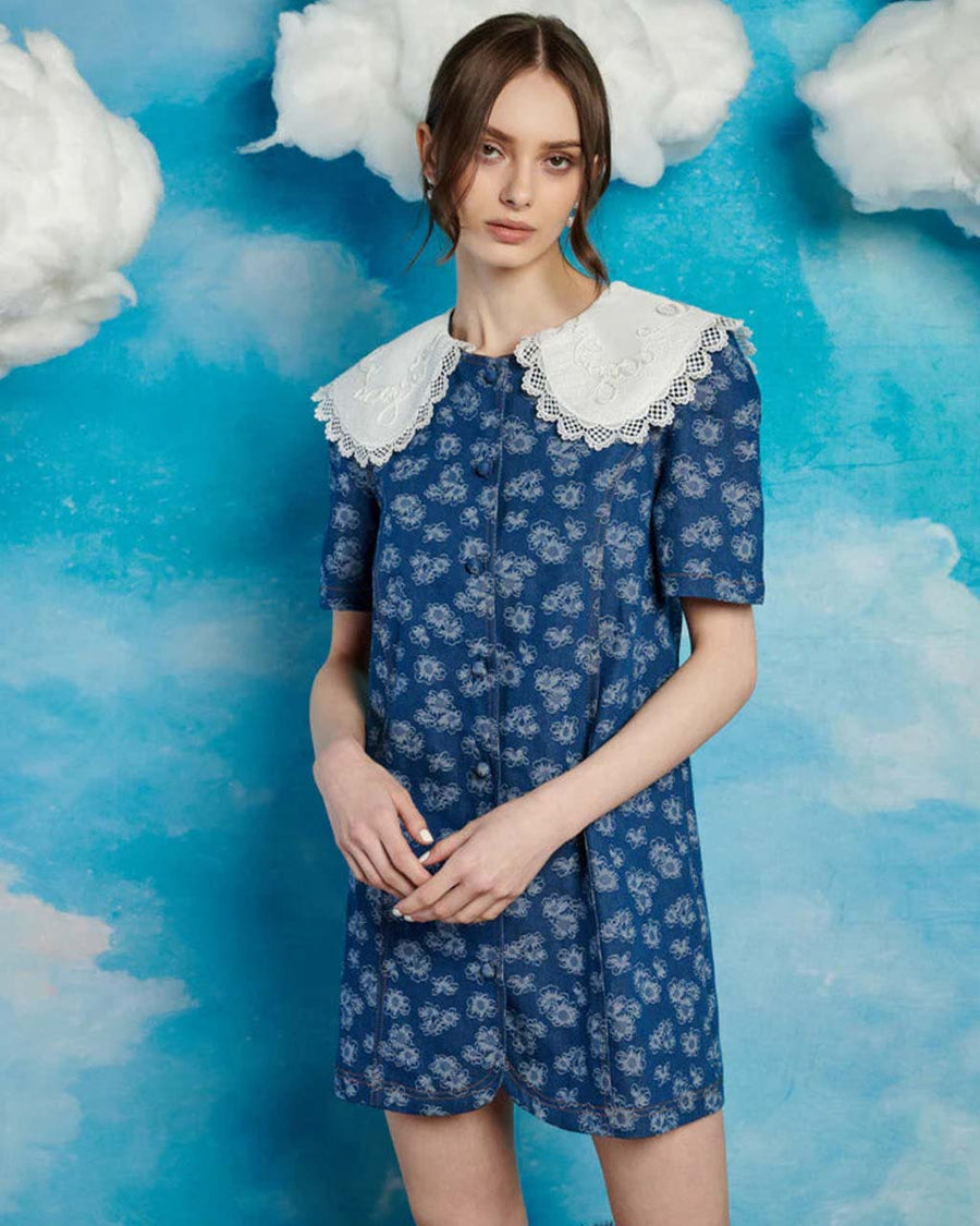 model wearing denim dress with all over floral print, button front, and white oversized lace collar