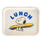 white rectangular tray with blue 'LUNCH' and snoopy holding a big sandwich