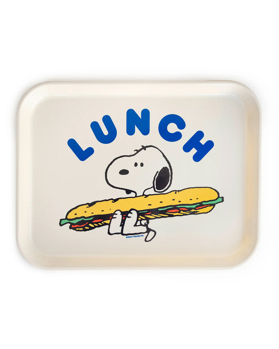 white rectangular tray with blue 'LUNCH' and snoopy holding a big sandwich