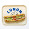 white rectangular tray with blue 'LUNCH' and snoopy holding a big sandwich with a sub on it