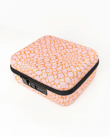 hard lockbox with pink and orange wavy checkered daisy print and black combination lock on the front