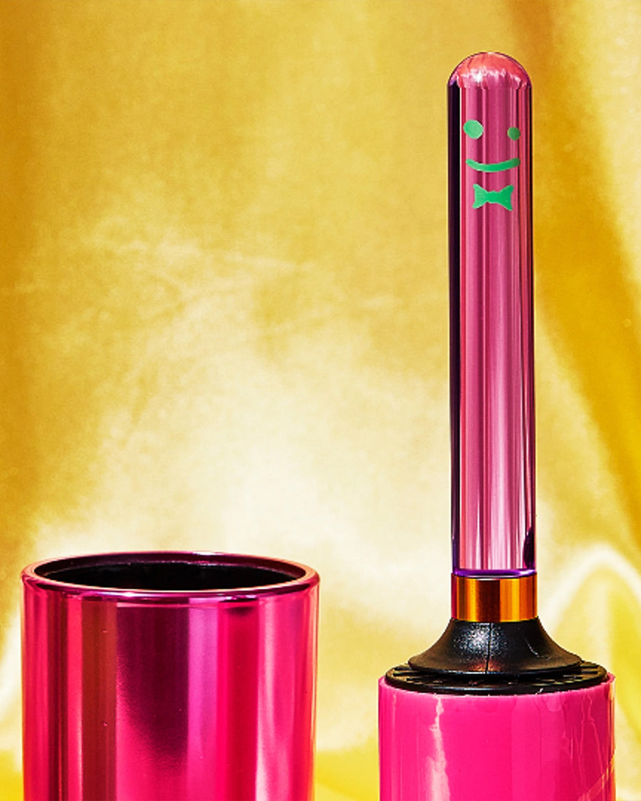 hot pink metallic lint roller and green smiley top