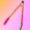 gold tongs with pink and green silicone bottoms