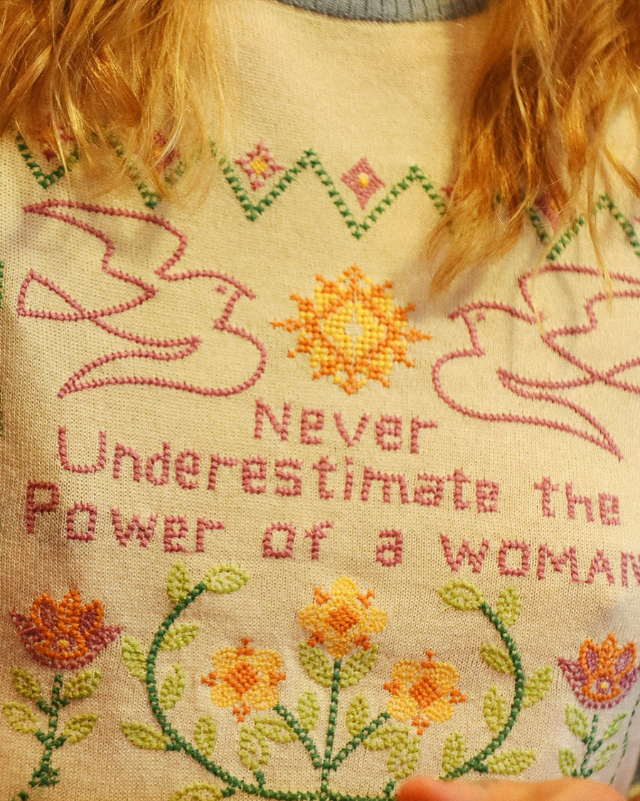 colorful embroidery on the sweater