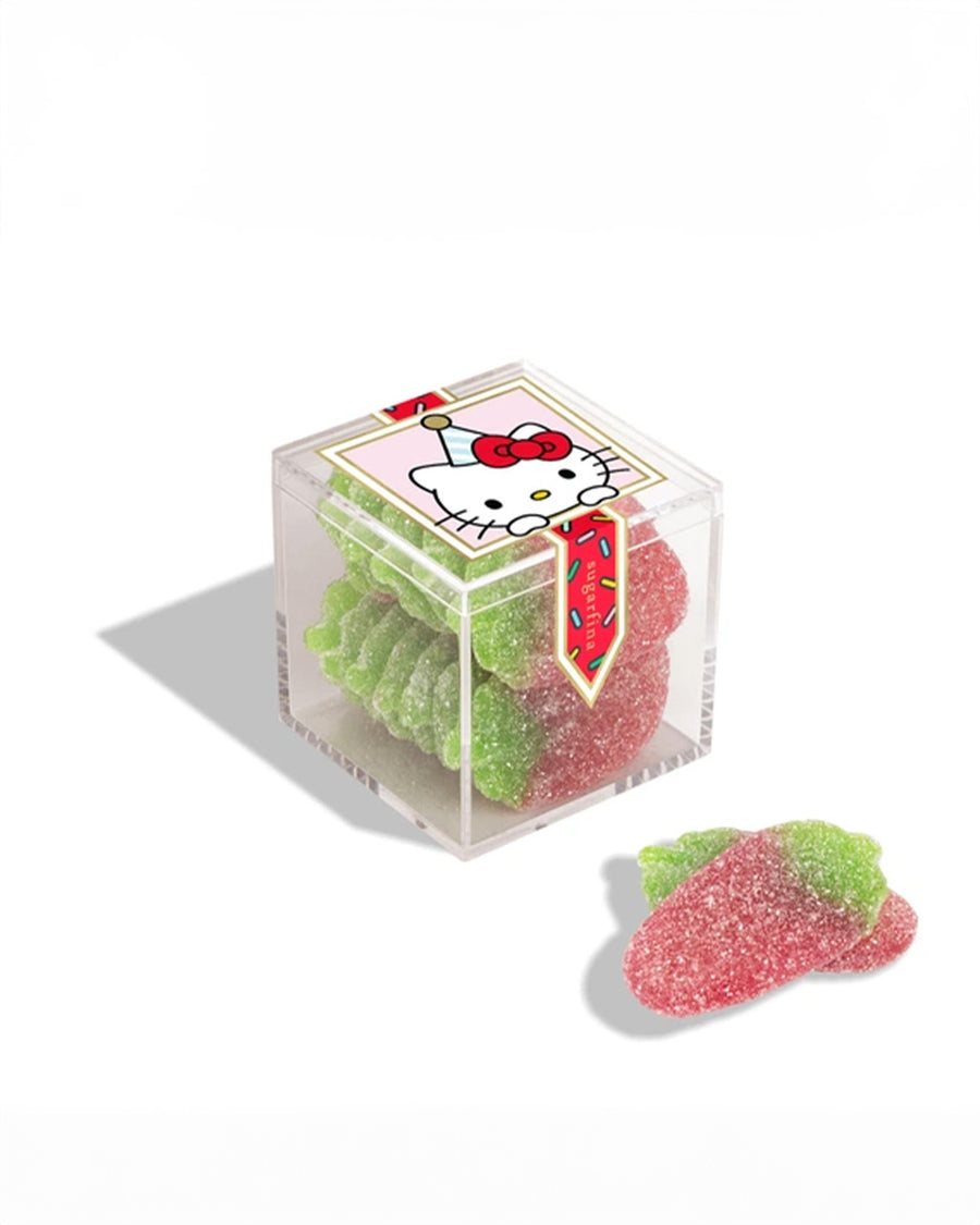 strawberry shaped gummy in a clear plastic container