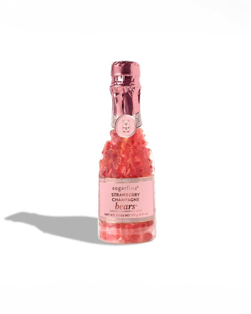 strawberry champagne gummy bears in a champagne bottle