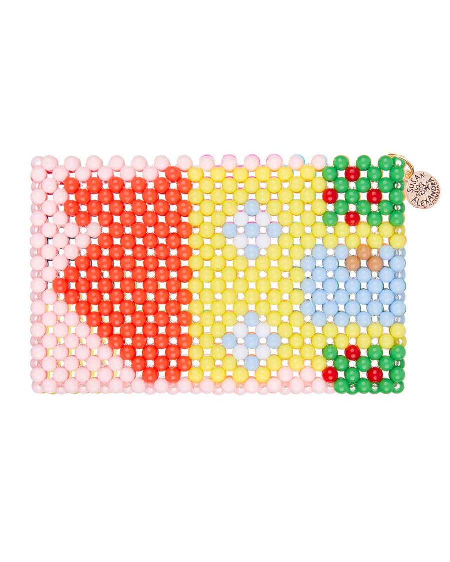 beaded cardholder with yellow house and pink background