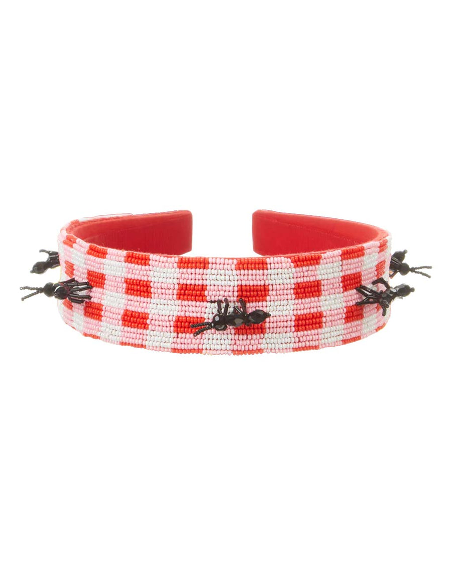 top view of white and red checkered beaded headband with beaded ants