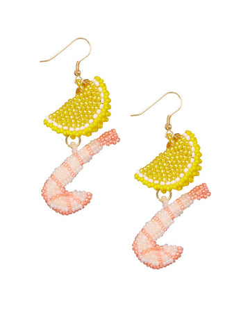 beaded dangle earrings with a lemon slice and shrimp