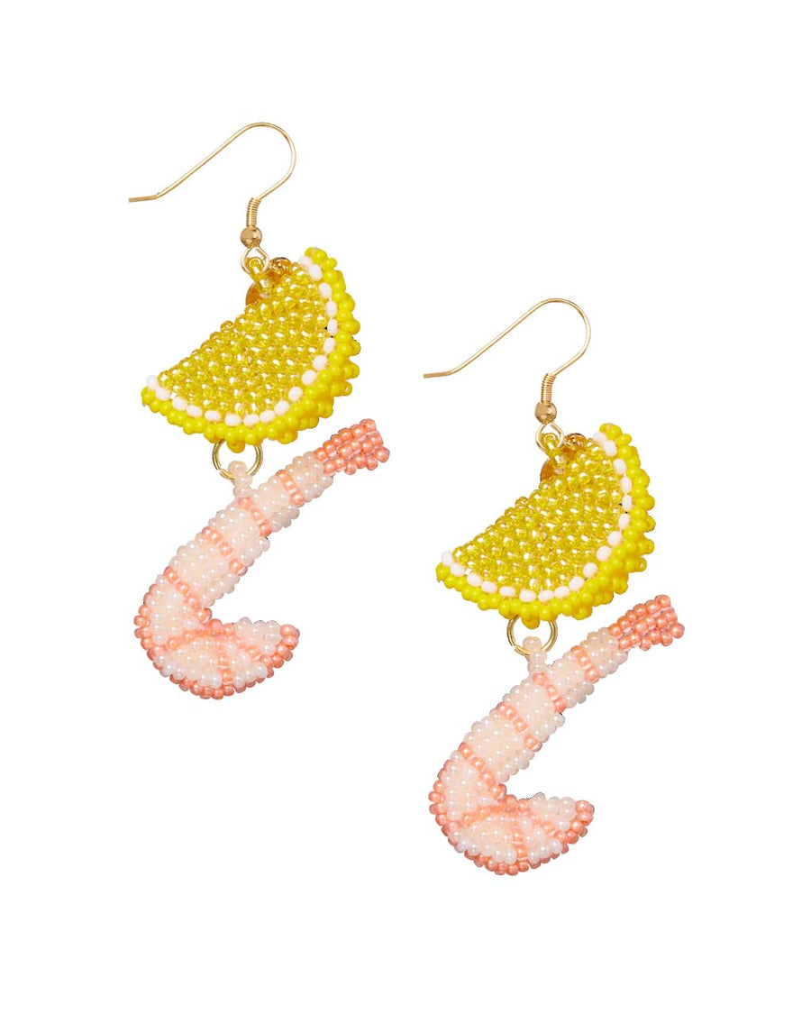 beaded dangle earrings with a lemon slice and shrimp