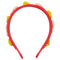 front view of red beaded headband with beaded shrimp and lemon slices