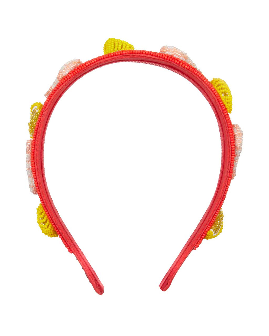 front view of red beaded headband with beaded shrimp and lemon slices