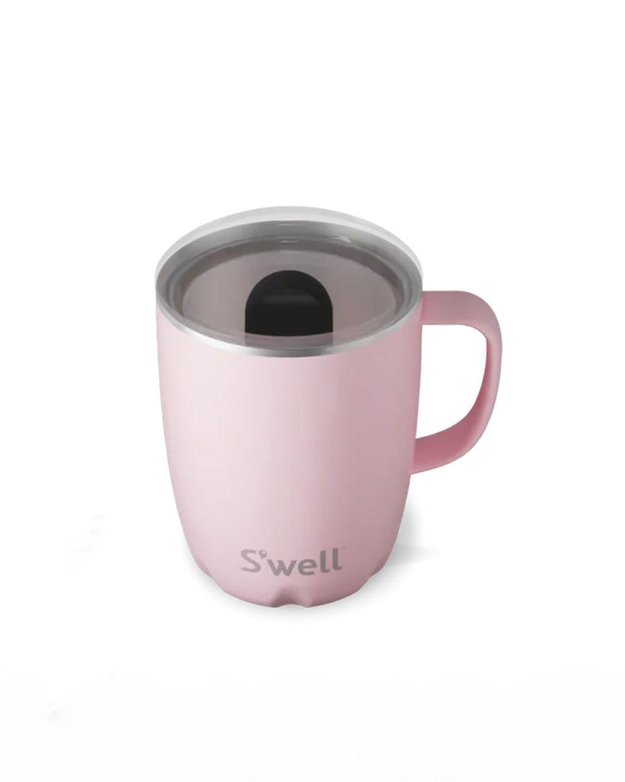 top view of light pink stainless steel mug with lid