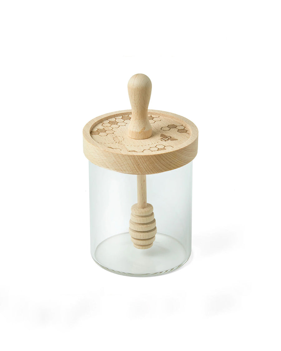 glass honey dipper with birchwood lid