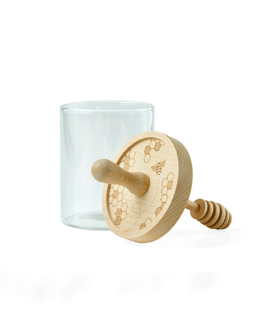 separated glass honey dipper with birchwood lid