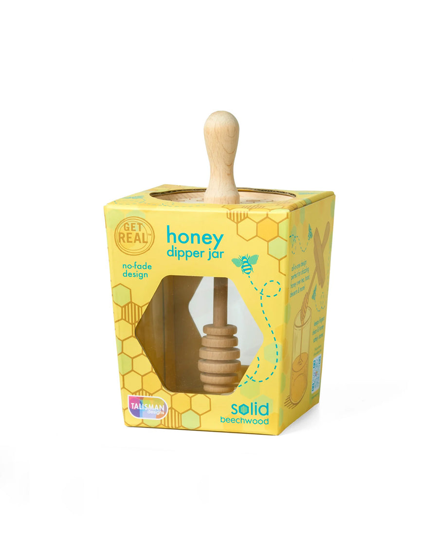 packaged glass honey dipper with birchwood lid