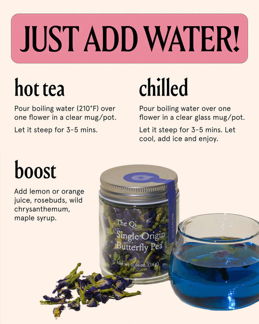 JUST ADD WATER! Directions of how to use tea in a hot or chilled beverage and how to boost the tea