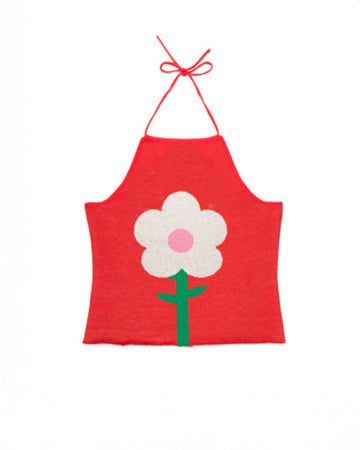 red knit halter top with white flower print on the front