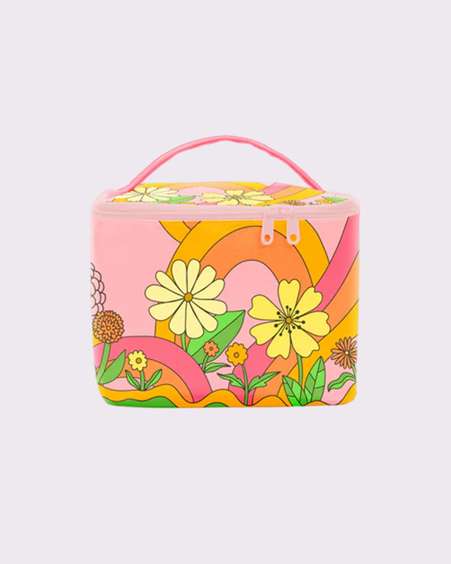 pink pouch with handle and double zippers with colorful 70's type floral print