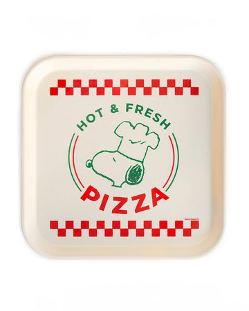 white square tray with 'hot & fresh pizza' with snoopy in a chef at and an old school pizzeria color scheme