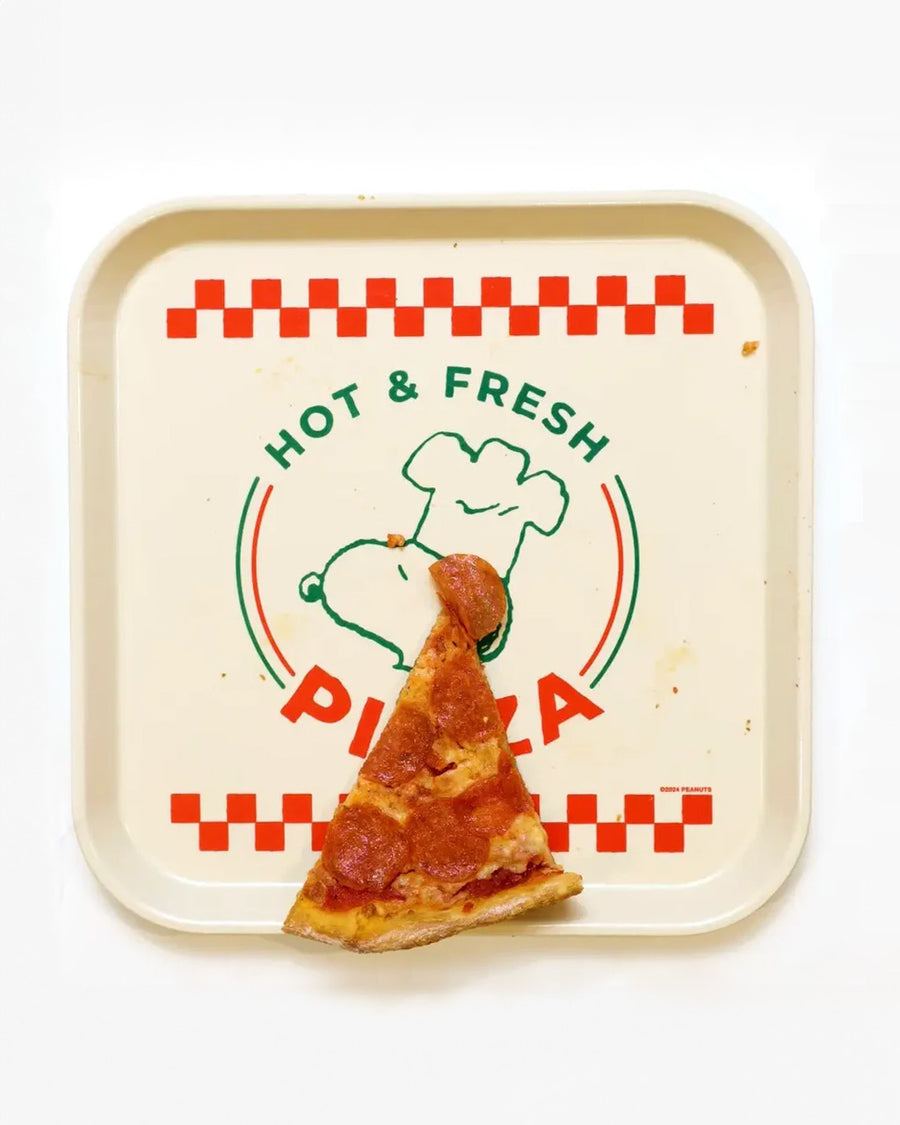 white square tray with 'hot & fresh pizza' with snoopy in a chef at and an old school pizzeria color scheme with a piece of pizza on it