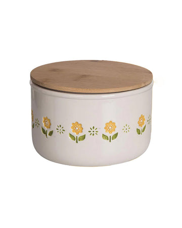 large medium cream bowl with wooden lids and colorful folk floral print