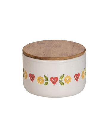 medium cream bowl with wooden lids and colorful folk floral print