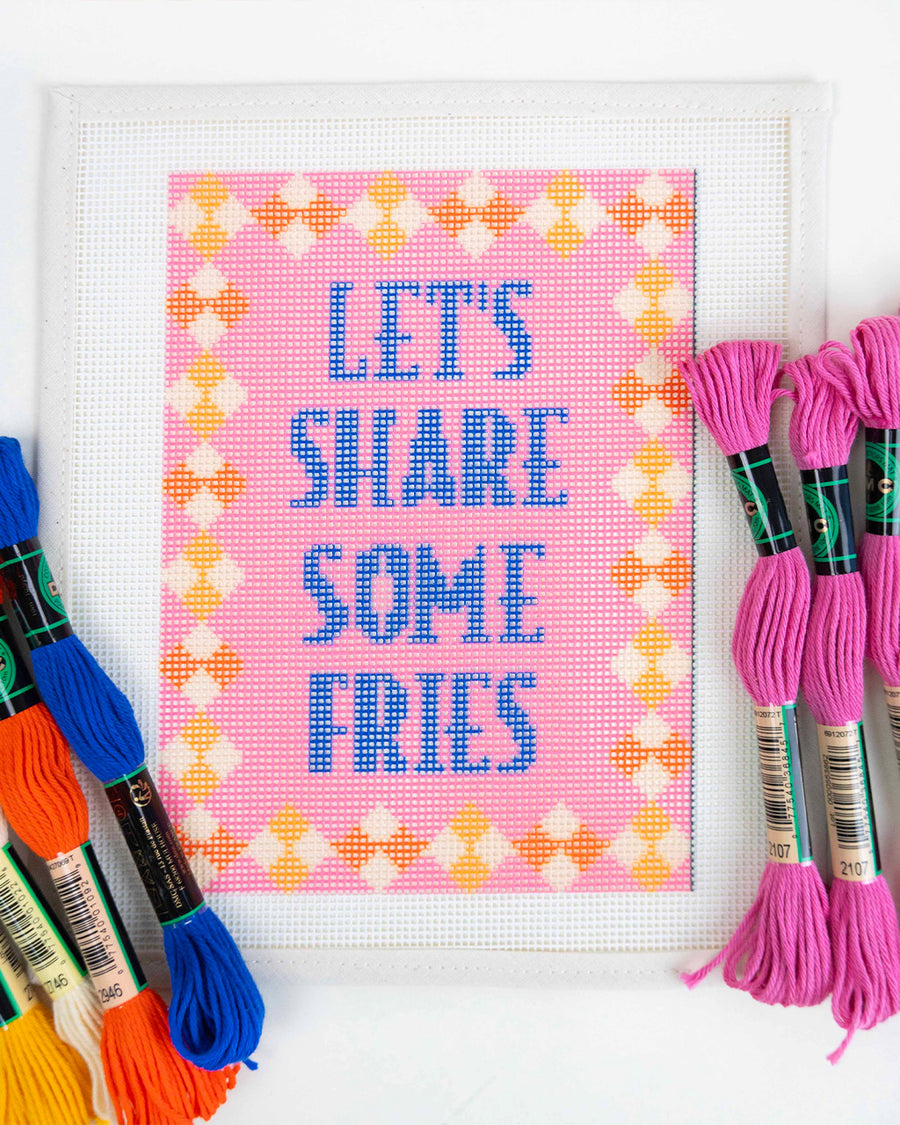 'let's share some fries' needlepoint kit with embroidery yarn and instructions