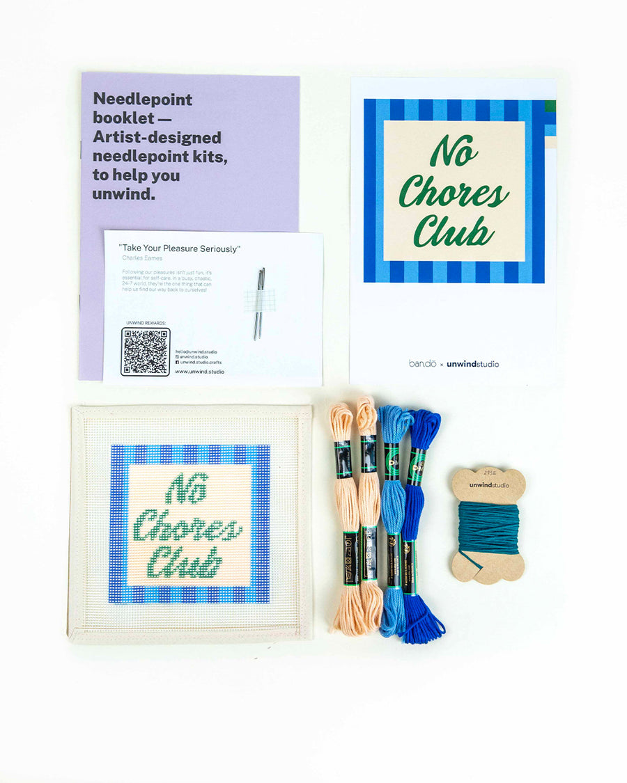 'no chores club' needlepoint kit with embroidery yarn and instructions