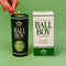 model lighting dark green ball boy candle with the box next to it