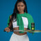 model holding dark green ball boy candle on tennis racket