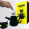 model taking tea bag out of black cat tea kettle and cup with removable lid