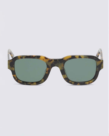 square tortoise shell sunglasses with blue tint lenses