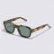 side view of square tortoise shell sunglasses with blue tint lenses