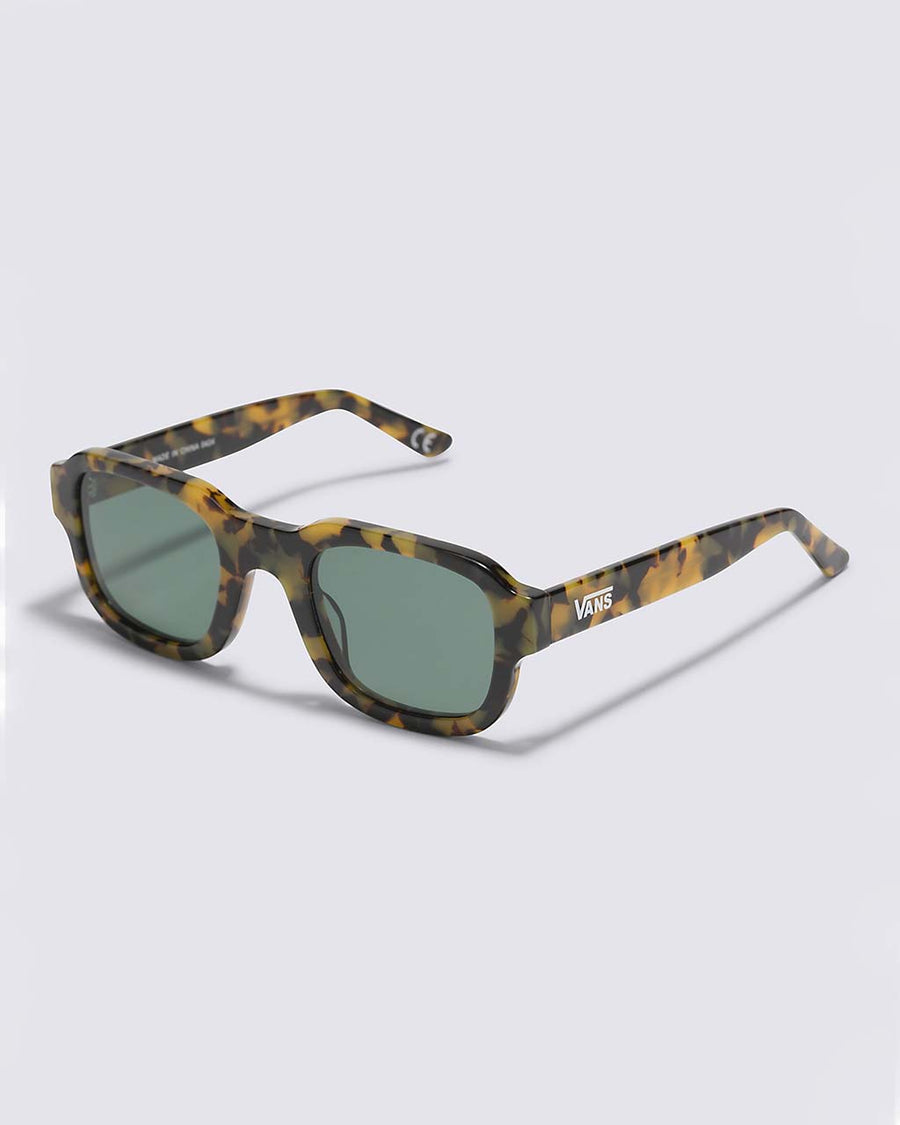 side view of square tortoise shell sunglasses with blue tint lenses