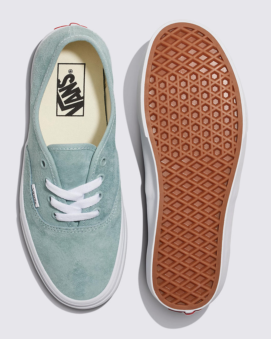 top and bottom view of vans gray mist suede authentic sneakers