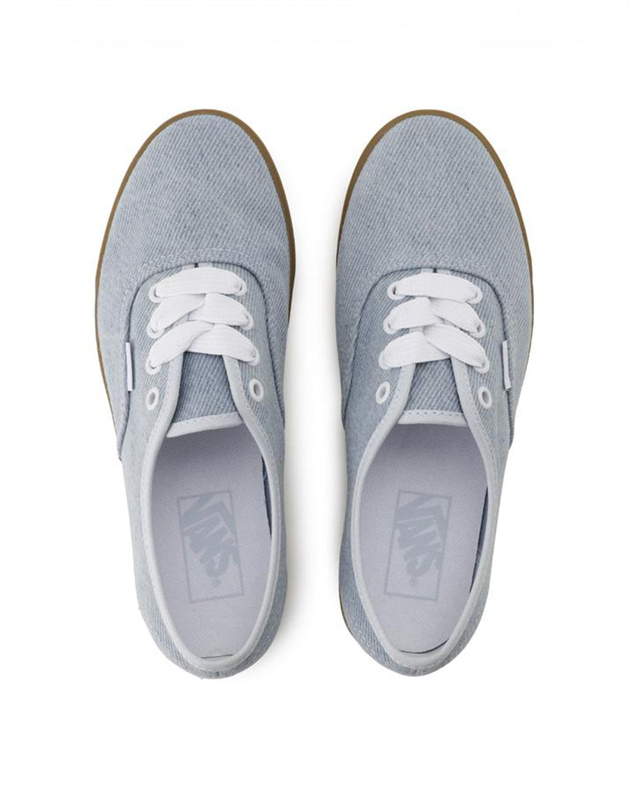 top view of baby blue denim authentic lowpro with brown soles and white laces