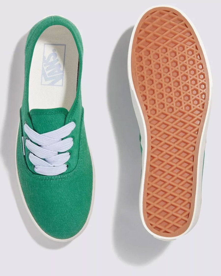 top and bottom view of emerald green vans authentic lowpro denim sneakers