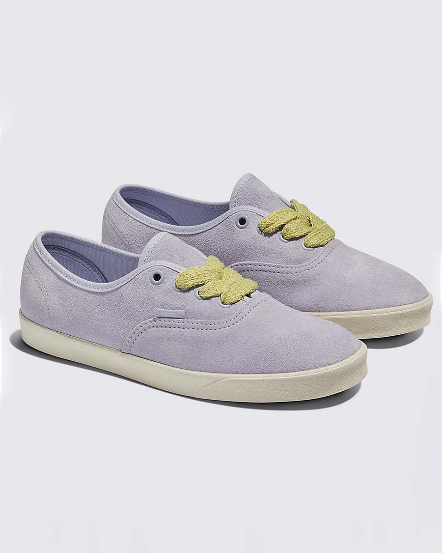 suede lavender sneakers with lime sherbet fat laces