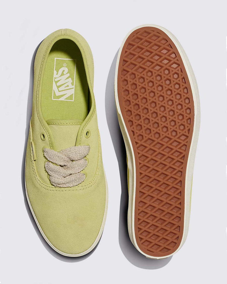 top and bottom view of suede green sneakers with turtledove color laces