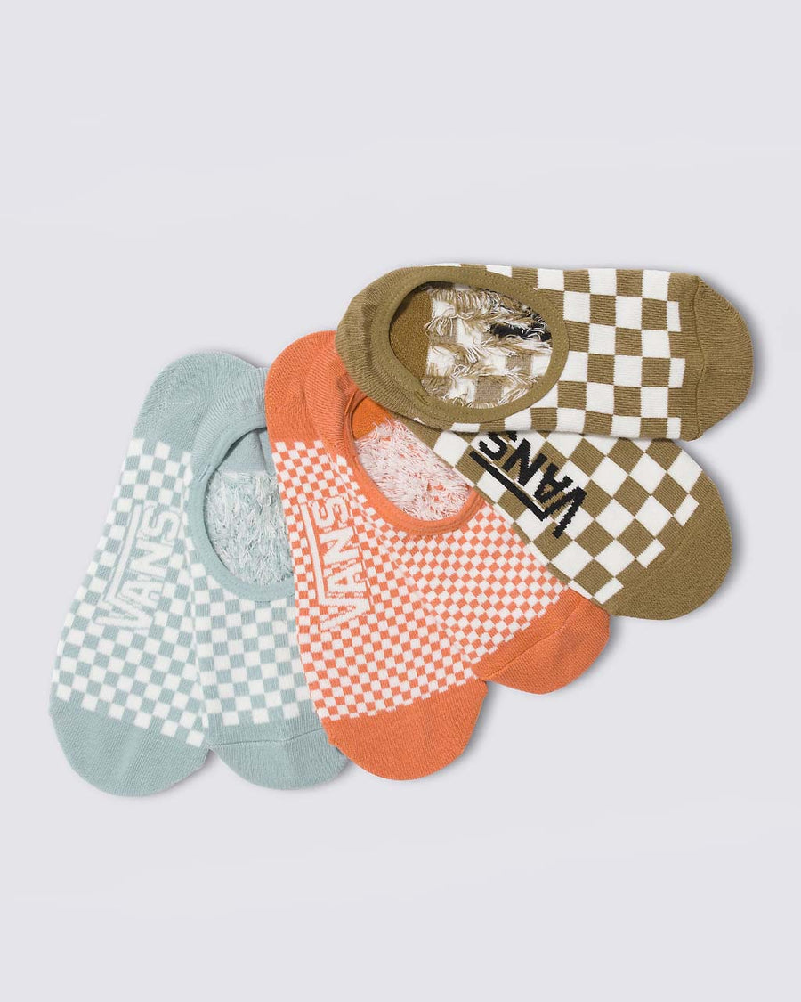 set of three no show crew socks: blue and grey mist small checkered, orange and grey mist small checkered, and olive brown and grey mist large checkered