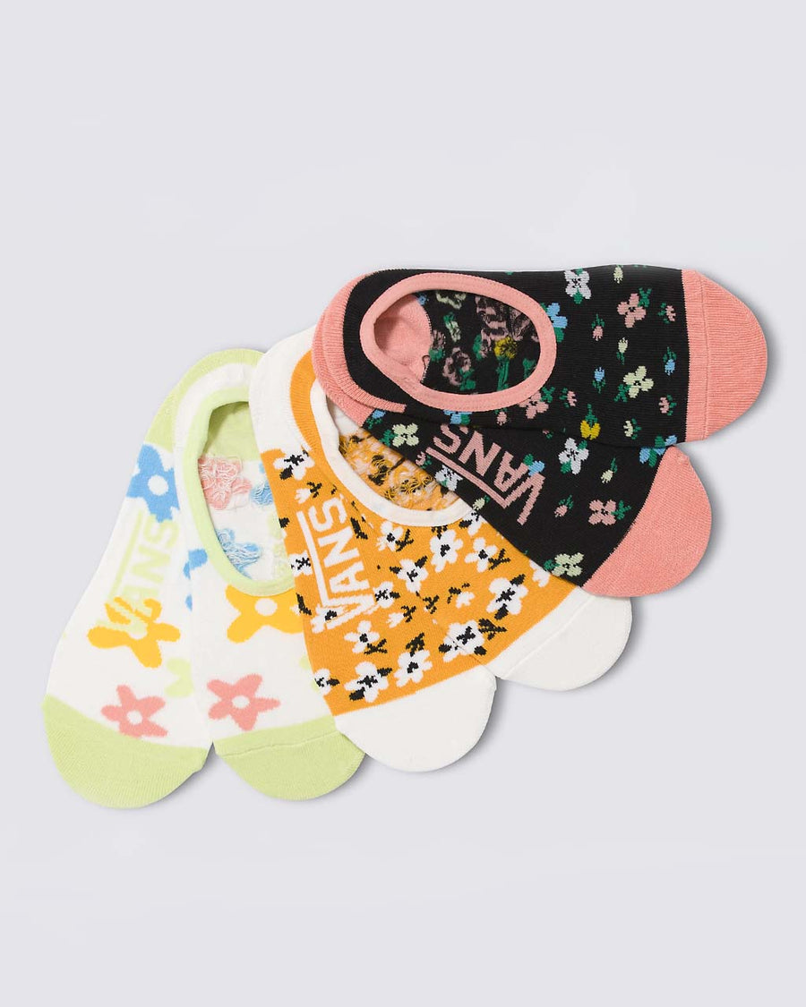 set of three no show crew socks: lime green floral, marigold floral, and black with multicolor ditsy floral