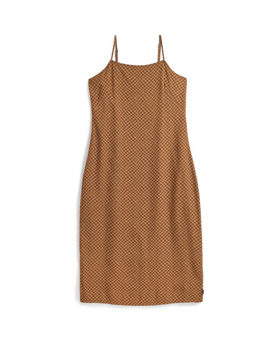 dark brown and tan smaller checkered tank midi dress