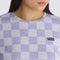 up close of model wearing purple and lilac checkered cropped tee