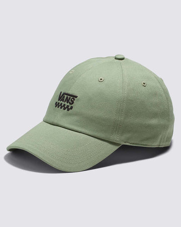 sage green cotton baseball cap with black vans embroidered logo