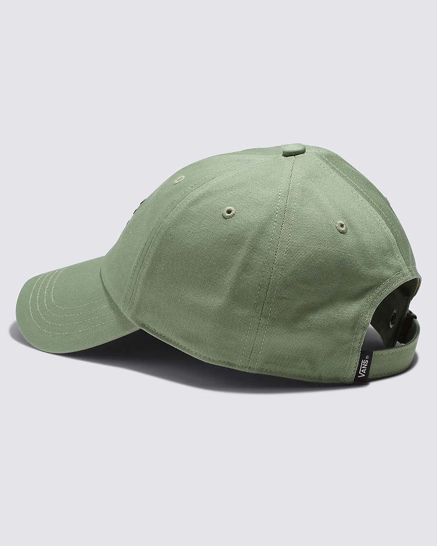 back view of sage green cotton baseball cap with black vans embroidered logo