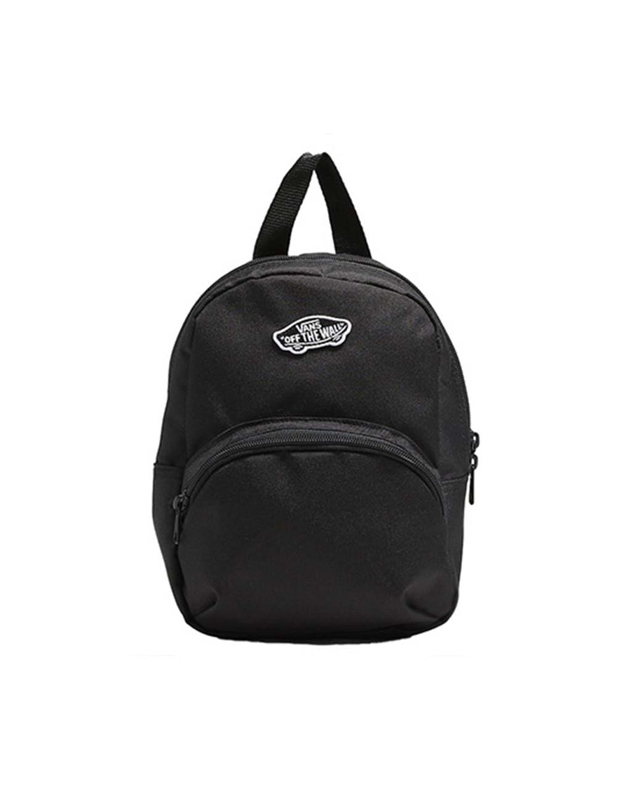 black mini backpack with skateboard 'vans off the wall' patch and front zip pocket