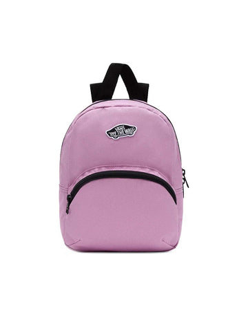 pink/purple mini backpack with skateboard 'vans off the wall' patch and front zip pocket