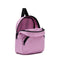 side view of pink/purple mini backpack with skateboard 'vans off the wall' patch and front zip pocket