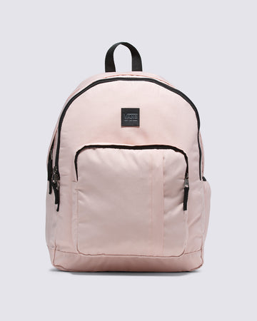 light pink backpack with black trim accents